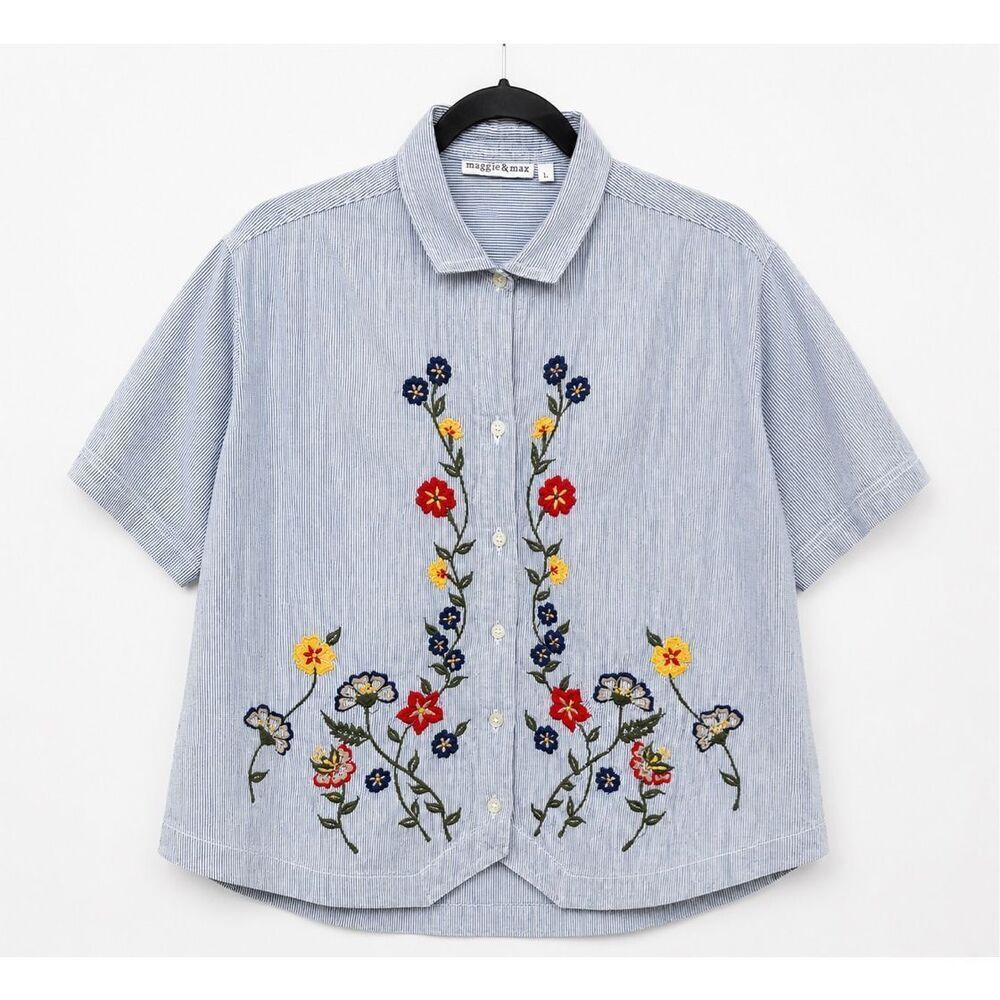 Maggie & Max Embroidered Button Front Blouse Sz L Blue Stripe Floral Cottagecore